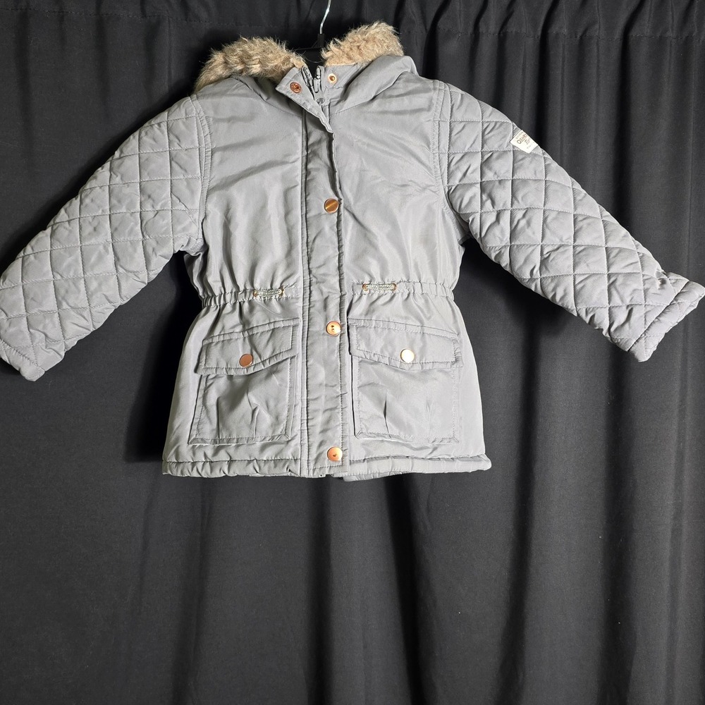 OshKosh B'gosh Girls Gray Quilted Parka Jacket Faux Fur Hood Rose Gold Snaps‎ 4T